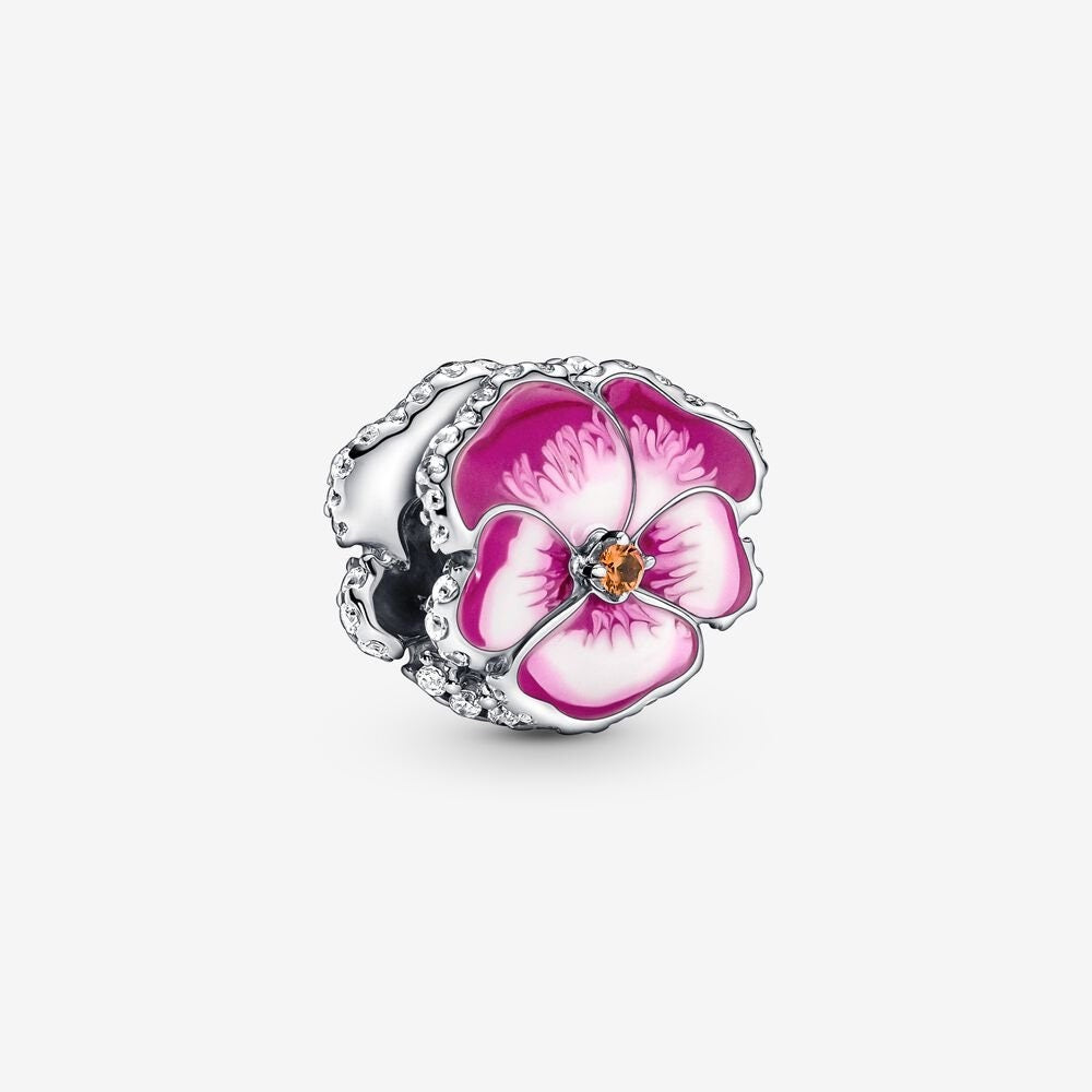 Pink Pansy Flower Charm For Bracelet, S925 Sterling Silver