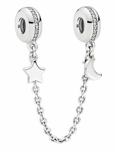 Half Moon & Star Safety Chain Charm For Bracelet, S925 Sterling Silver