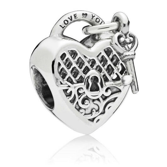 Key Lock Heart Charm For Bracelet, S925 Sterling Silver