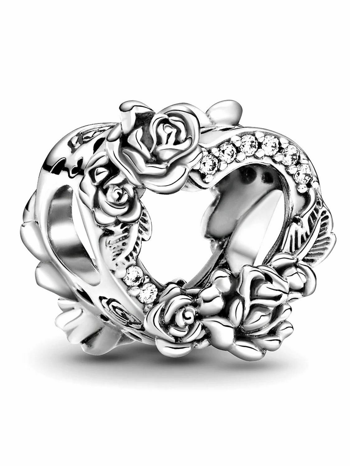 Open Heart & Rose Flower Charm For Bracelet, S925 Sterling Silver