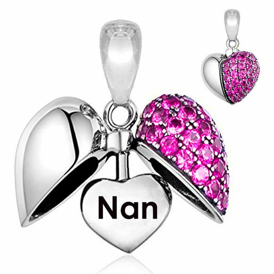 Fuschia Pink Crystals Nan Openable Locket Heart Pendant Charm For Bracelet, S925 Sterling Silver