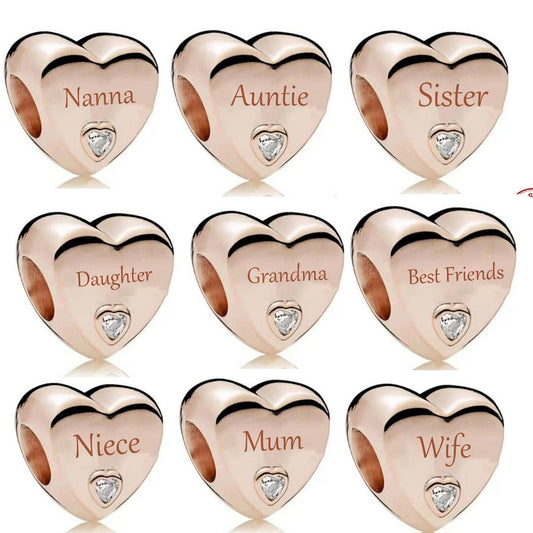 Rose Gold Family Heart Auntie Nan Mum Daughter Best Friend Charm For Bracelet, S925 Sterling Silver