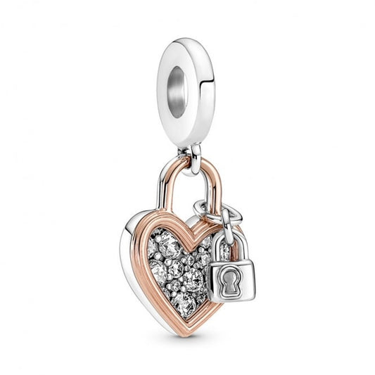 Heart Padlock Double Dangle Charm For Bracelet, S925 Sterling Silver