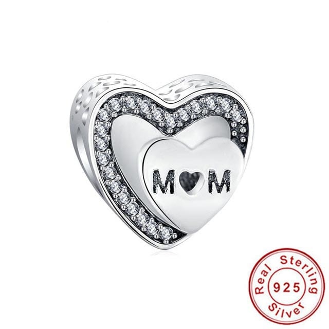 Sparkling Mom Heart Charm For Bracelet, S925 Sterling Silver