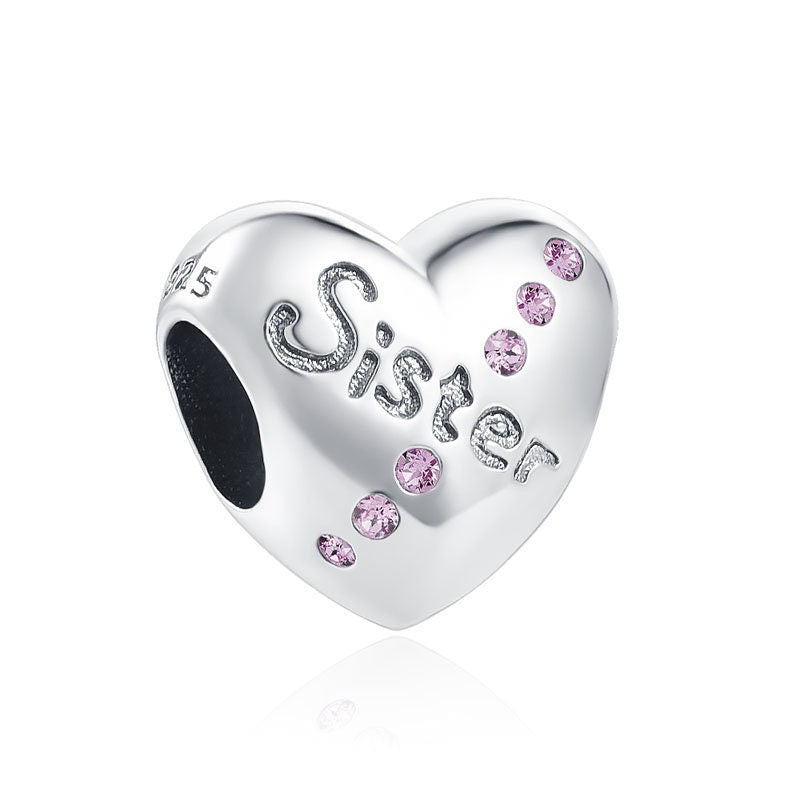 Pink CZ Sister Heart Charm For Bracelet, S925 Sterling Silver