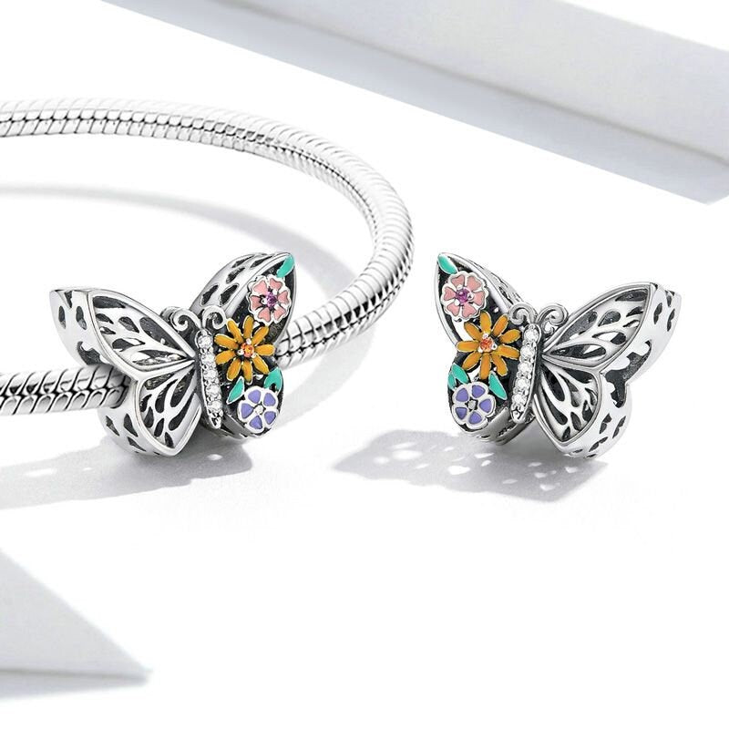 Flowers on Butterfly Charm For Bracelet Charm for Mum Mother Mama, S925 Sterling Silver