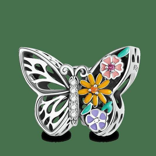 Flowers on Butterfly Charm For Bracelet Charm for Mum Mother Mama, S925 Sterling Silver