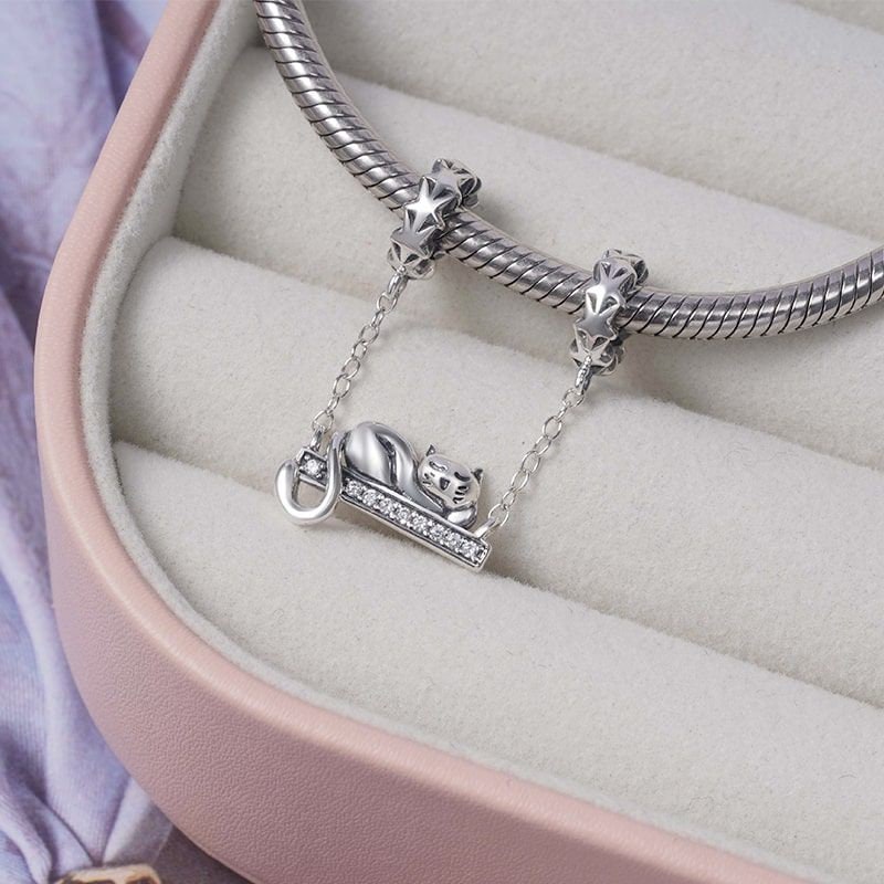 Sleeping Cat Safety Chain for Bracelet, S925 Sterling Silver