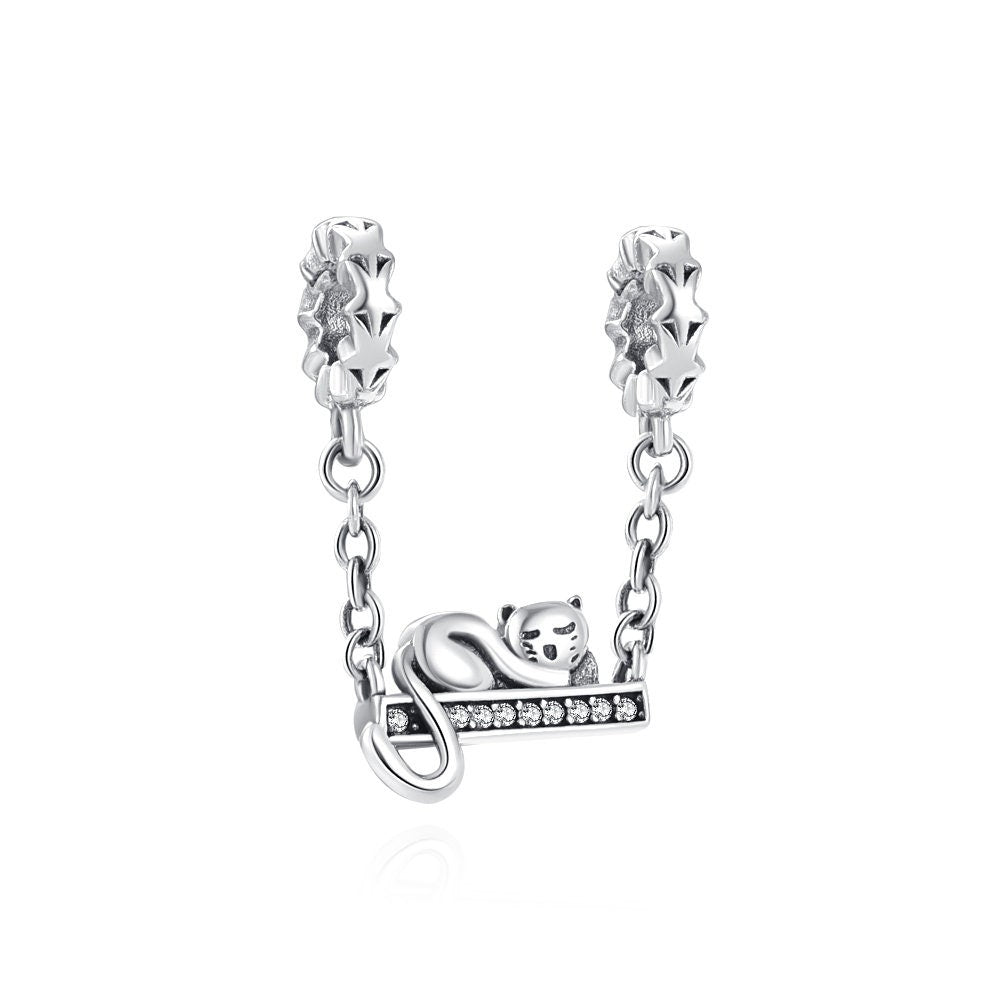 Sleeping Cat Safety Chain for Bracelet, S925 Sterling Silver