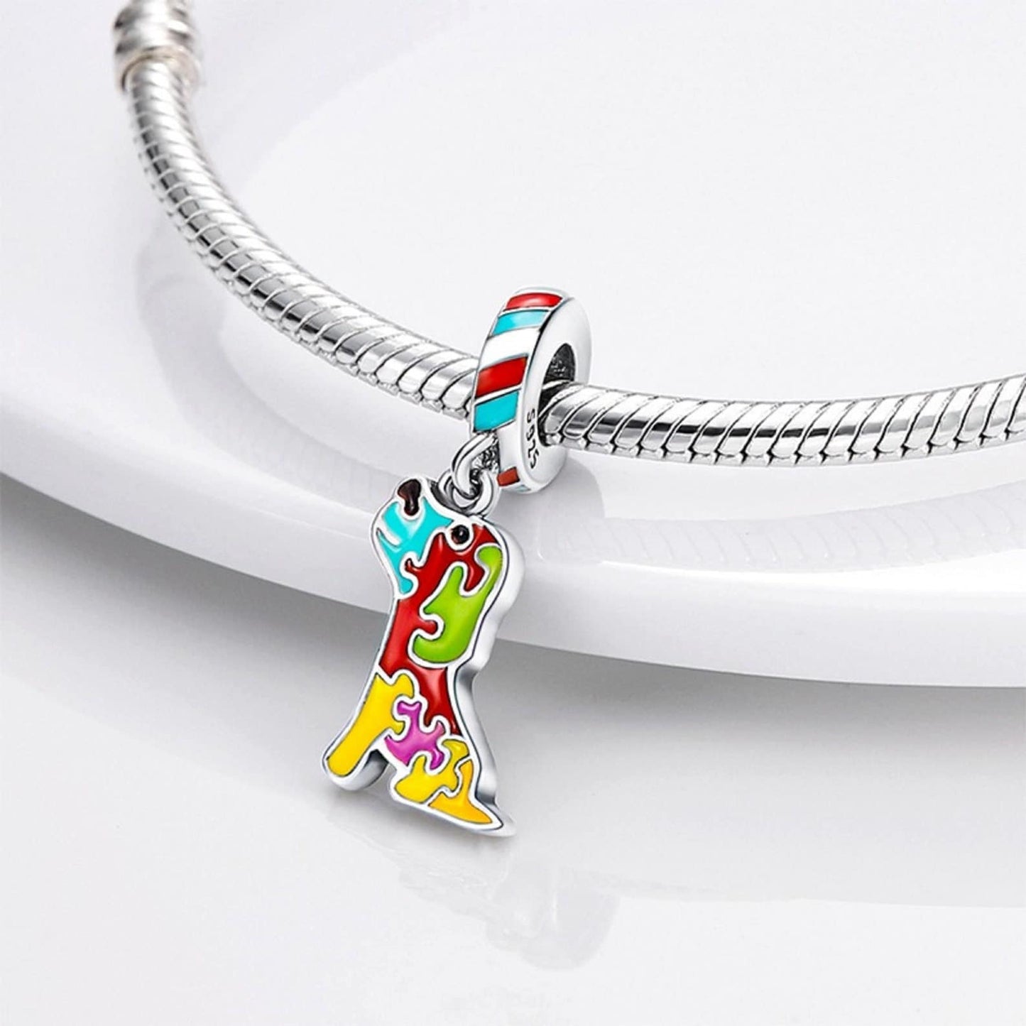 Puzzle Dog Autism Awareness Charm For Bracelet, S925 Sterling Silver