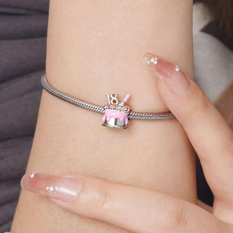 18th Happy Birthday Cake Charm For Bracelet, S925 Sterling Silver