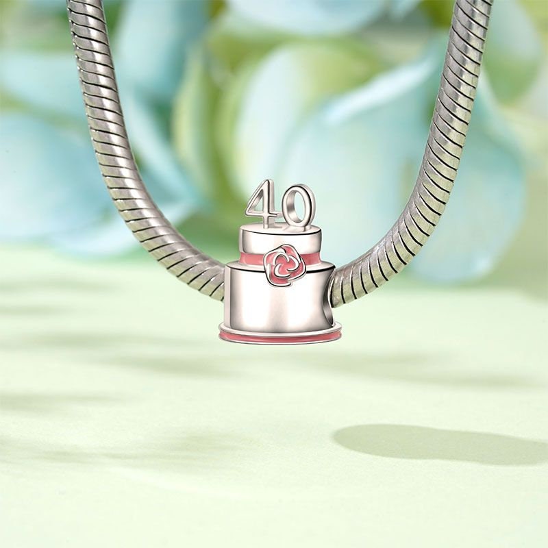 40th Happy Birthday Cake Charm For Bracelet, S925 Sterling Silver