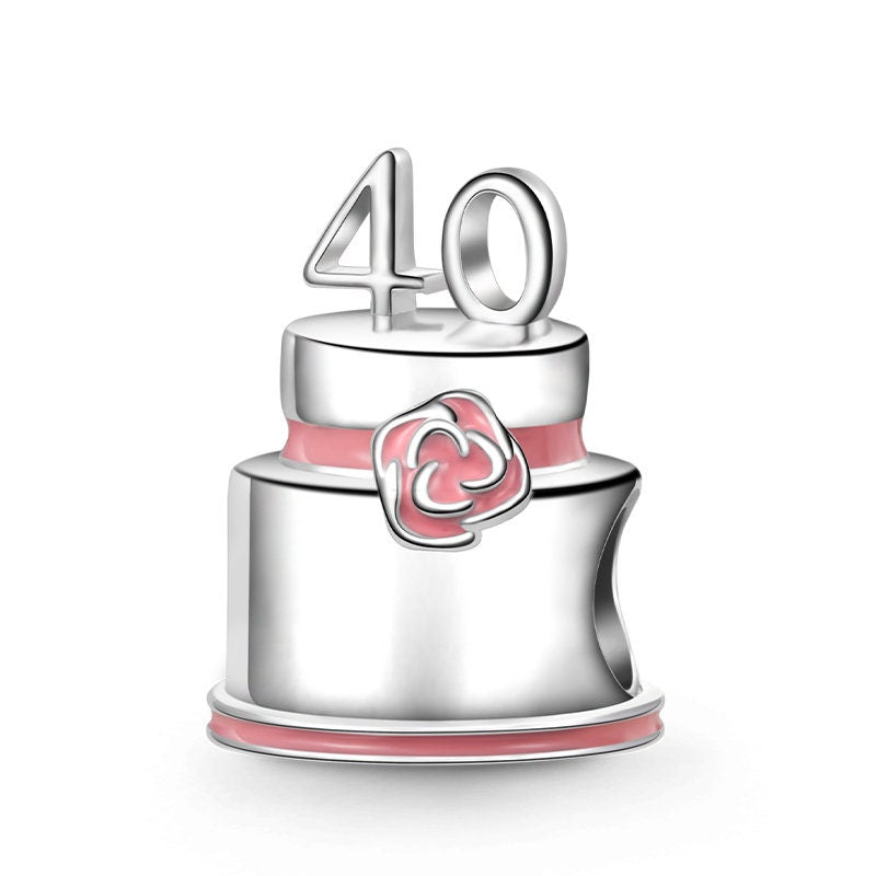 40th Happy Birthday Cake Charm For Bracelet, S925 Sterling Silver