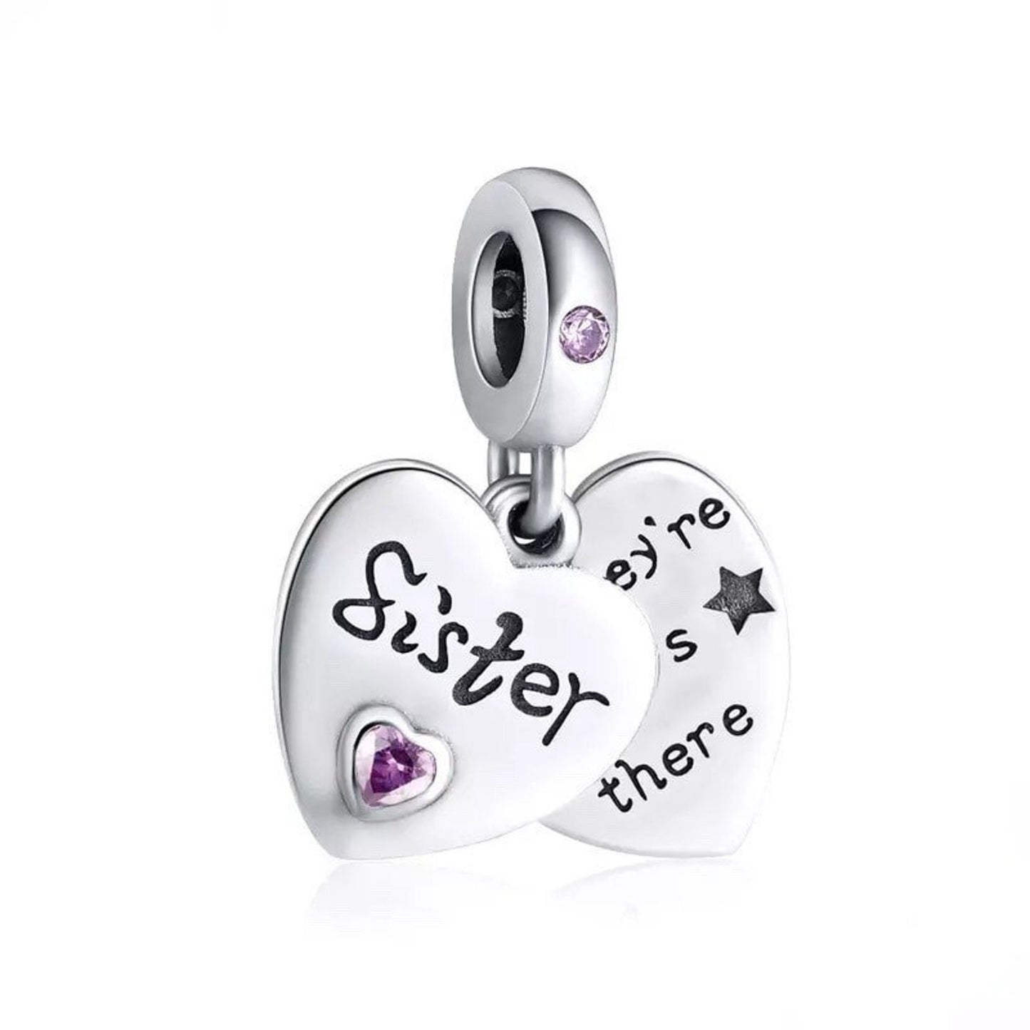 Sister Heart Dangle Charm for Bracelet , S925 Sterling Silver