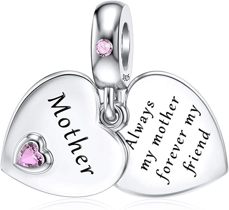 Mother Heart Dangle Charm for Bracelet, S925 Sterling Silver