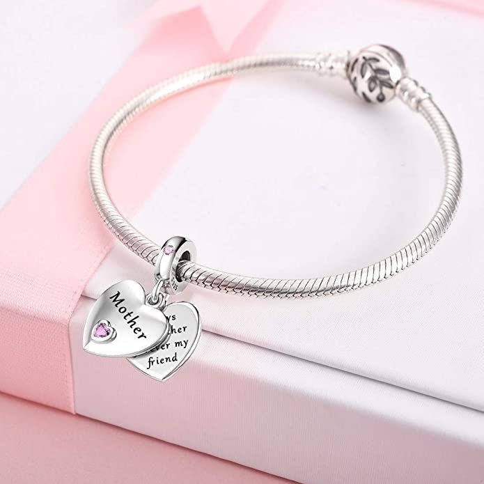 Mother Heart Dangle Charm for Bracelet, S925 Sterling Silver