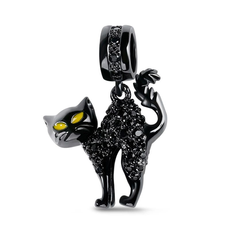 Black Cat Dangle Charm for Bracelet, S925 Sterling Silver