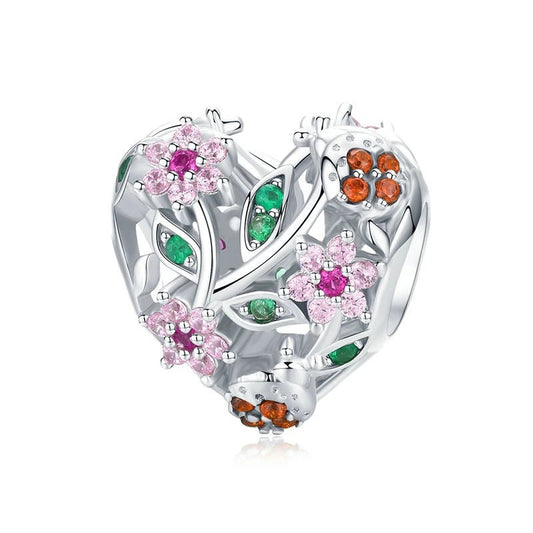 Openwork Floral Heart Charm For Bracelet, S925 Sterling Silver