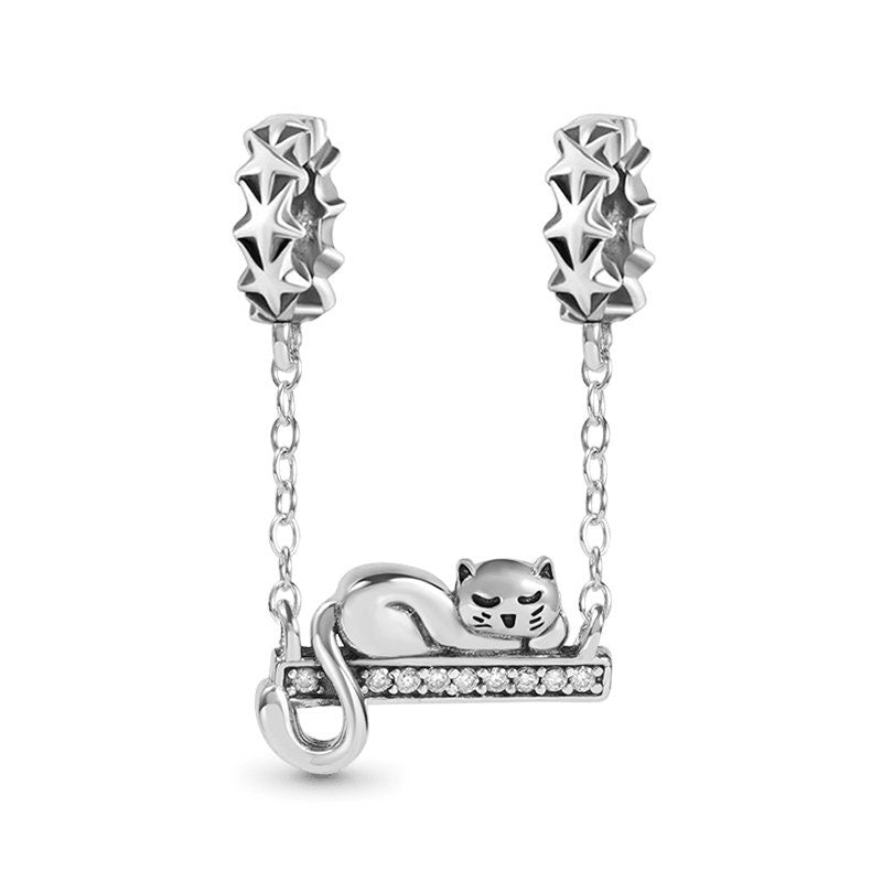 Sleeping Cat Safety Chain for Bracelet, S925 Sterling Silver