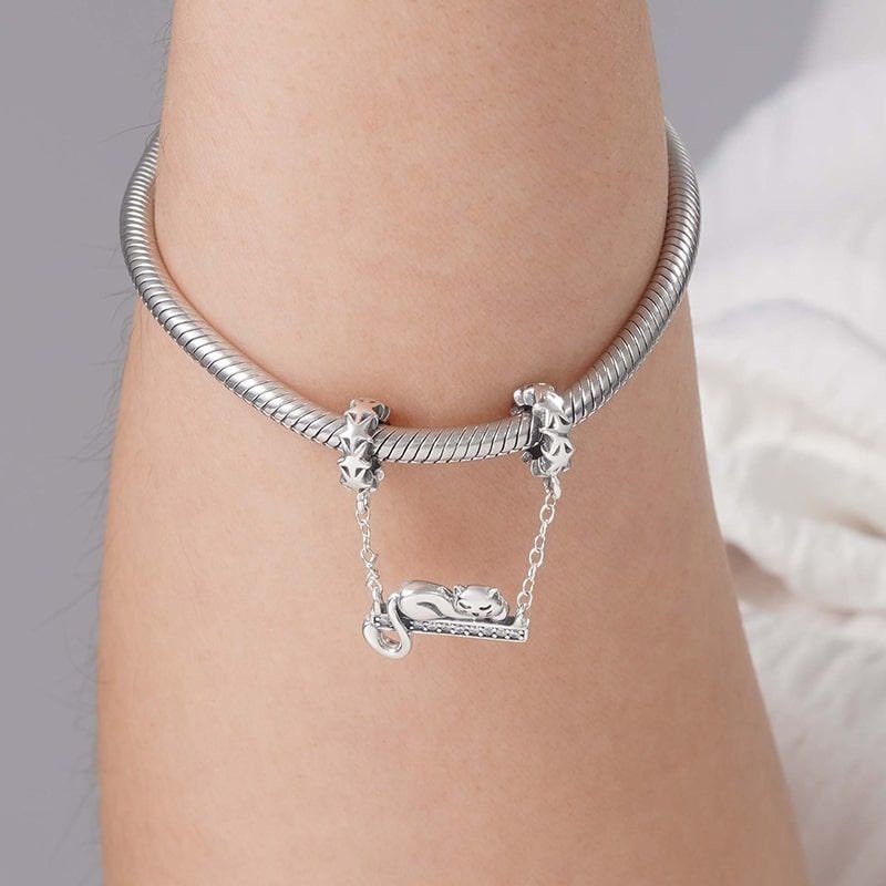 Sleeping Cat Safety Chain for Bracelet, S925 Sterling Silver