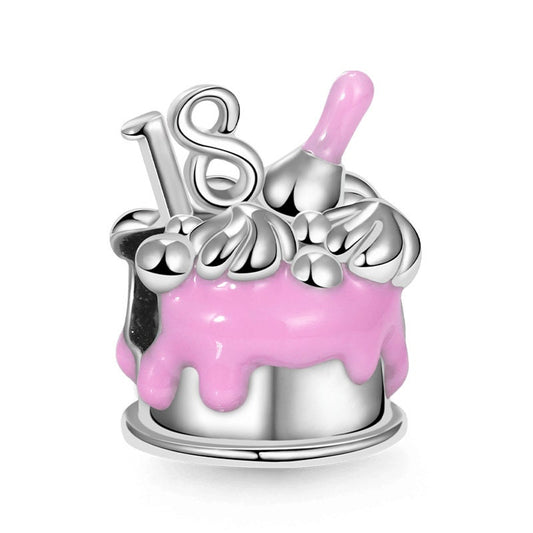 18th Happy Birthday Cake Charm For Bracelet, S925 Sterling Silver