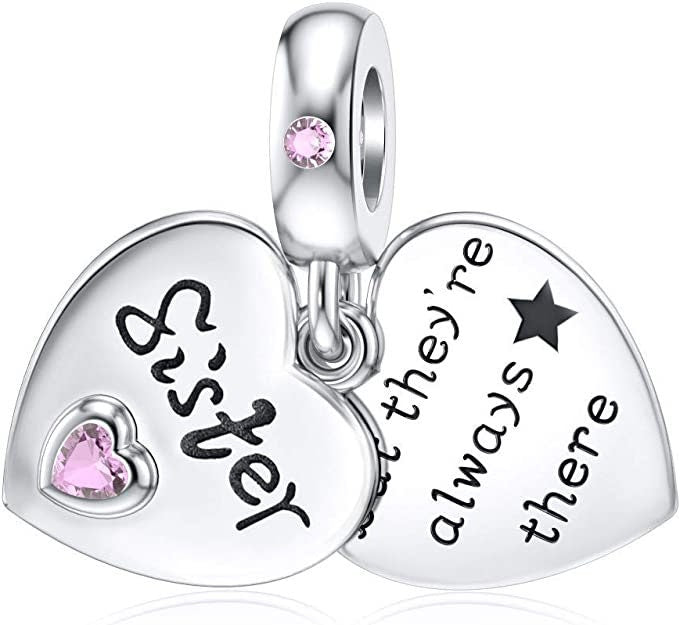 Sister Heart Dangle Charm for Bracelet , S925 Sterling Silver