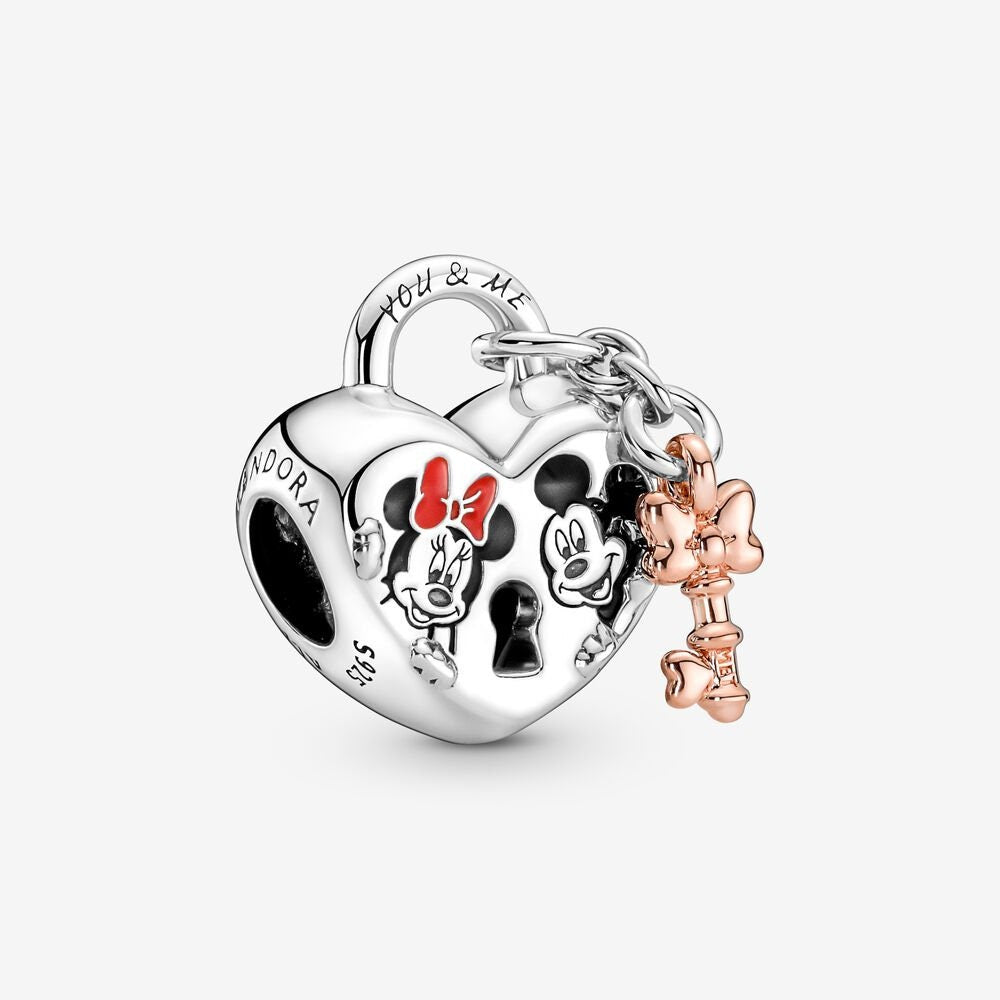 Disney Mickey & Minnie Heart Padlock Charm For Bracelet, S925 Sterling Silver