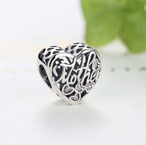 Mother Son Heart Charm For Bracelet, S925 Sterling Silver