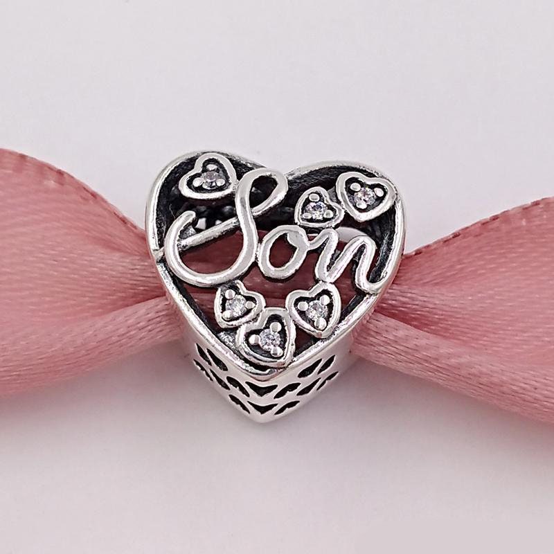 Mother Son Heart Charm For Bracelet, S925 Sterling Silver