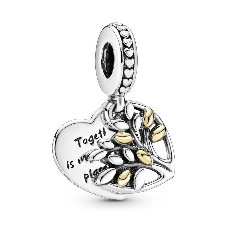 Two Tone Heart Family Tree Dangle Charm For Bracelet, S925 Sterling Silver