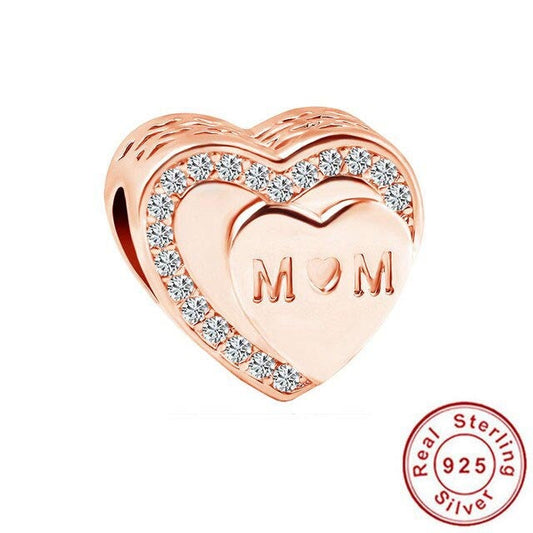 Rose Gold Sparkling Mom Heart Charm For Bracelet, S925 Sterling Silver