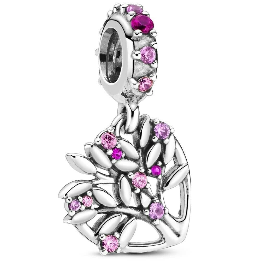 Sparkling Pink Heart Tree Dangle Charm For Bracelet, S925 Sterling Silver