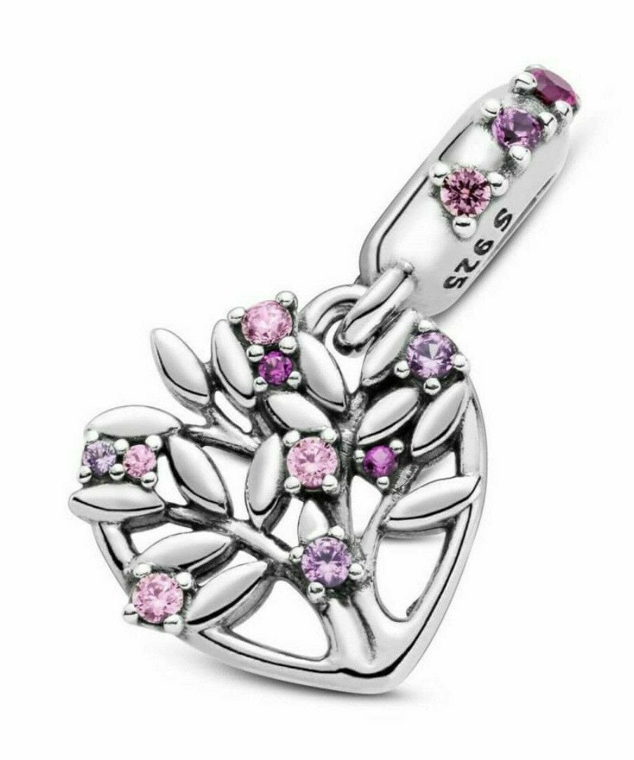 Sparkling Pink Heart Tree Dangle Charm For Bracelet, S925 Sterling Silver